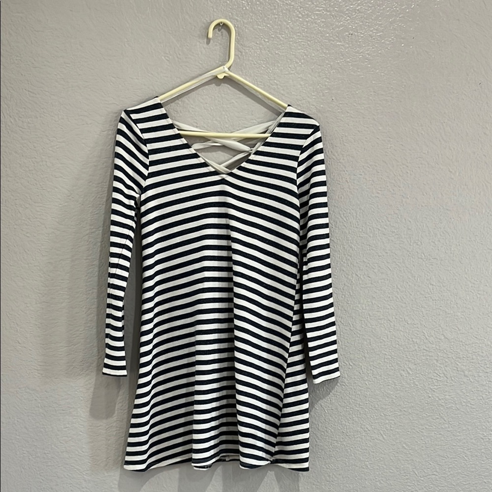 J For Justify Sweater Dress Mini Striped Navy Blue Cream Sz M Cruise wear TC0616